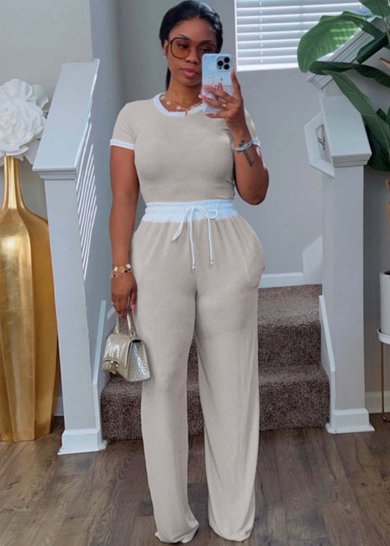 Women's Casual Daily Rib Contrast Color Round Neck Suits