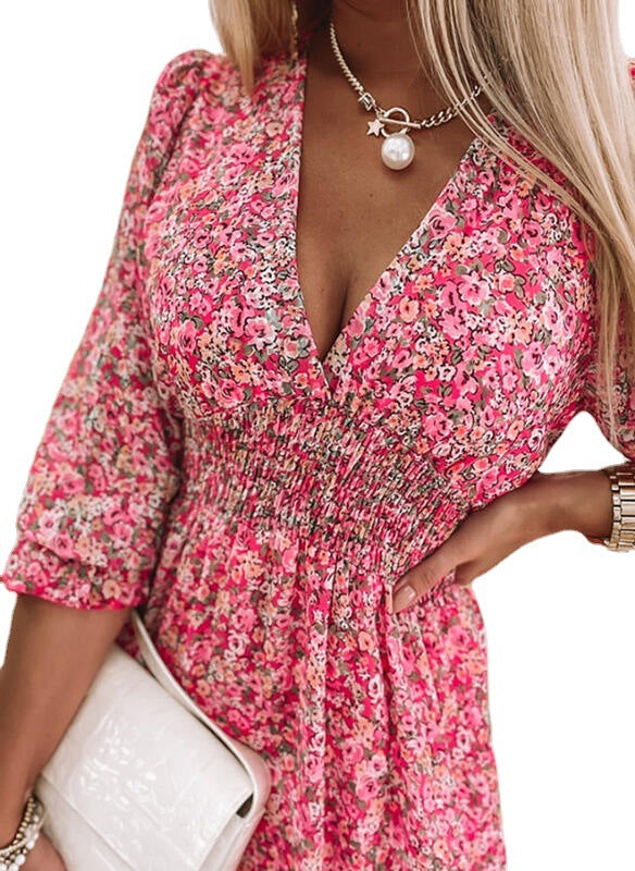 Mid-length Pullover Bohemian Printed Sleeve Floral Dress