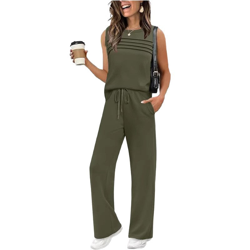 Trendy Glamorous Women's Pleated Two-piece Set Vests