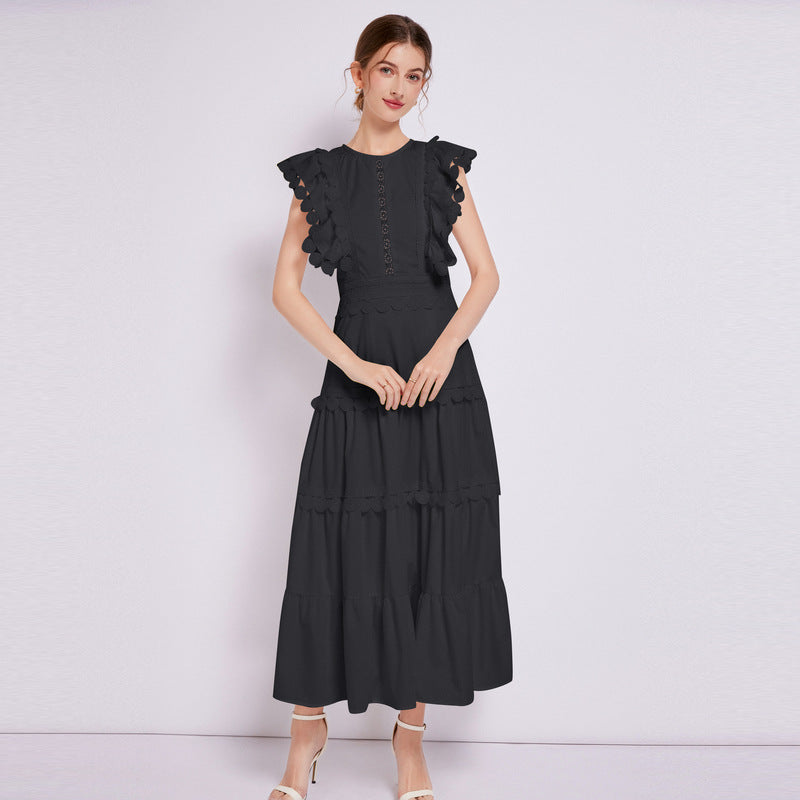 Women's Embroidered Round Neck Flying Sleeves Waist Design Solid Dresses