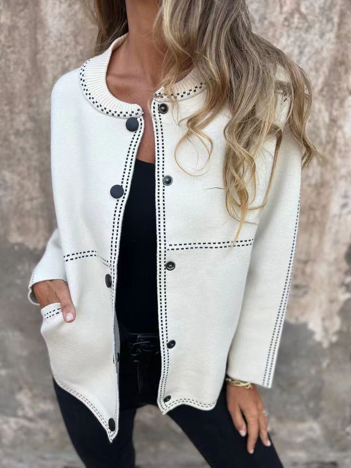 Striped Loose Round Neck Button Long Sweater