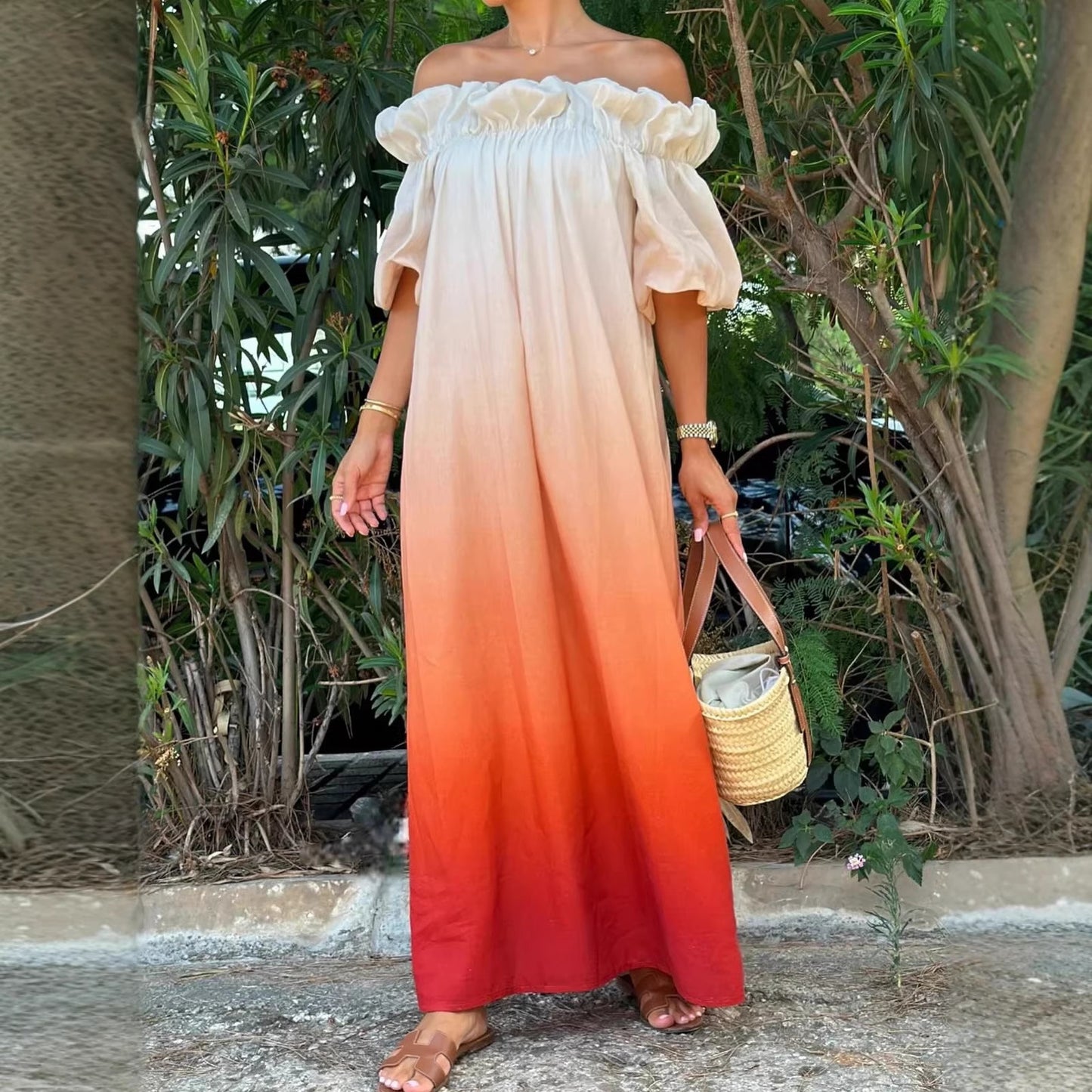 Gradient Backless Lazy Puff Sleeve Loose Dress