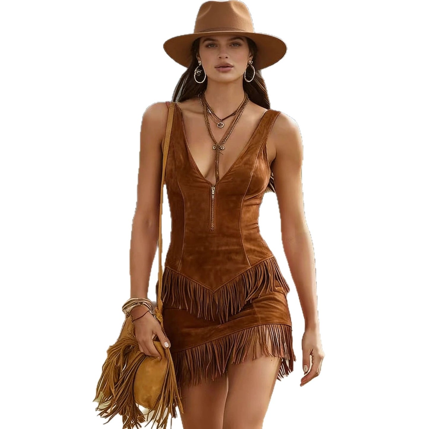 Western Denim Style Hot Tassel Imitation Leather Veet Fitted Waist Dress