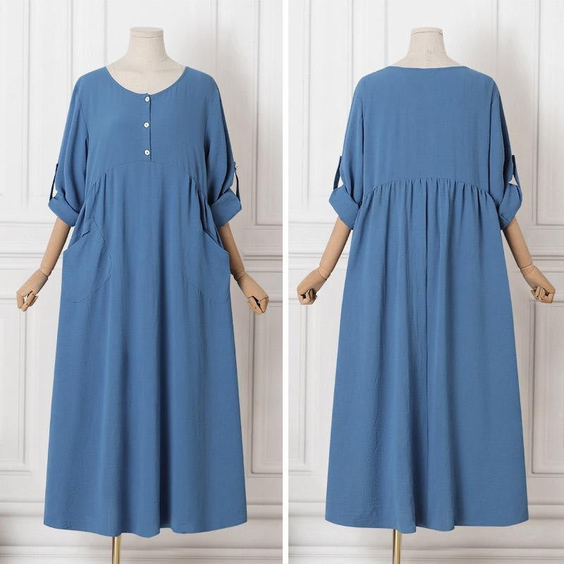 Women's Casual Loose Turned Cuff Long Sleeve Round Neck Dresses