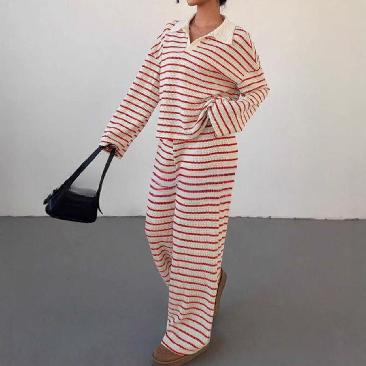 Women's Stripes Contrast Color Long Sleeve Trousers Fashion Casual Suit