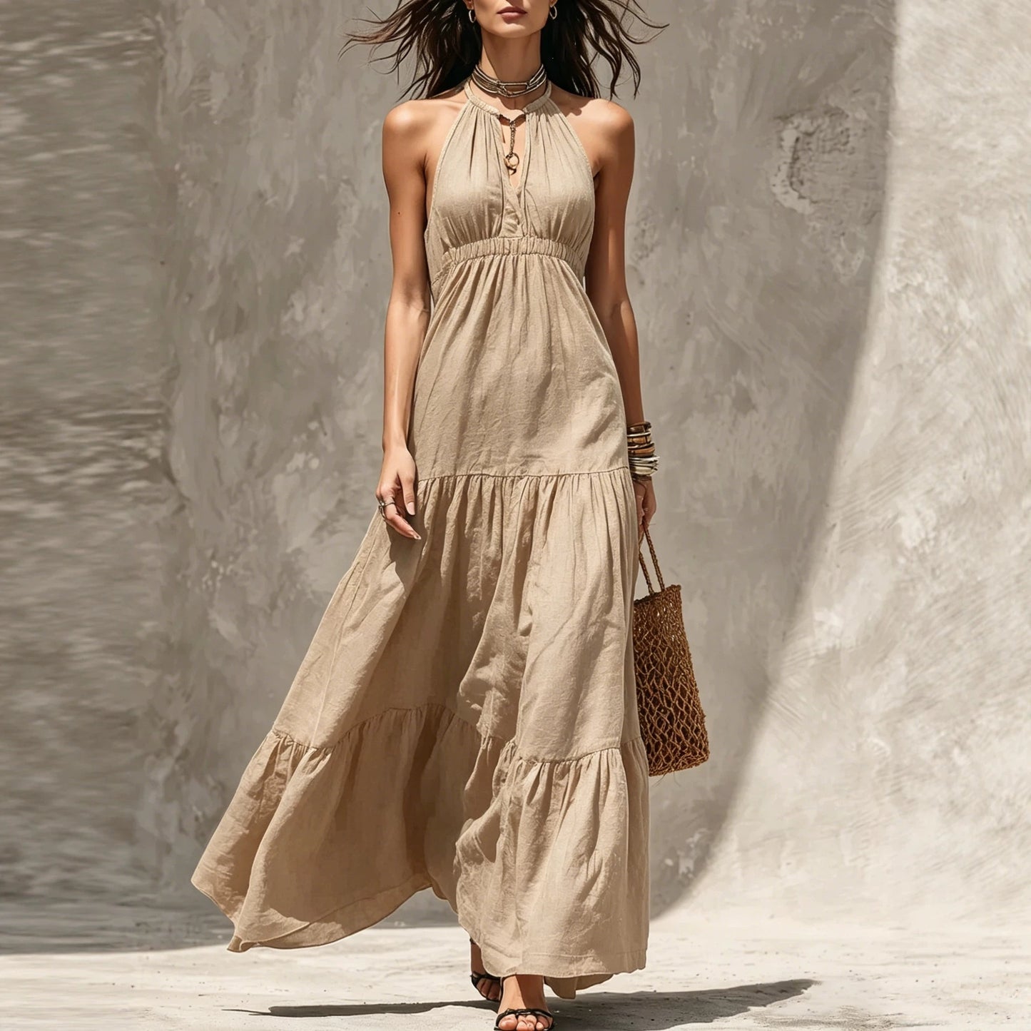 Women's High Waist Stitching Cotton Linen Holiday Dress