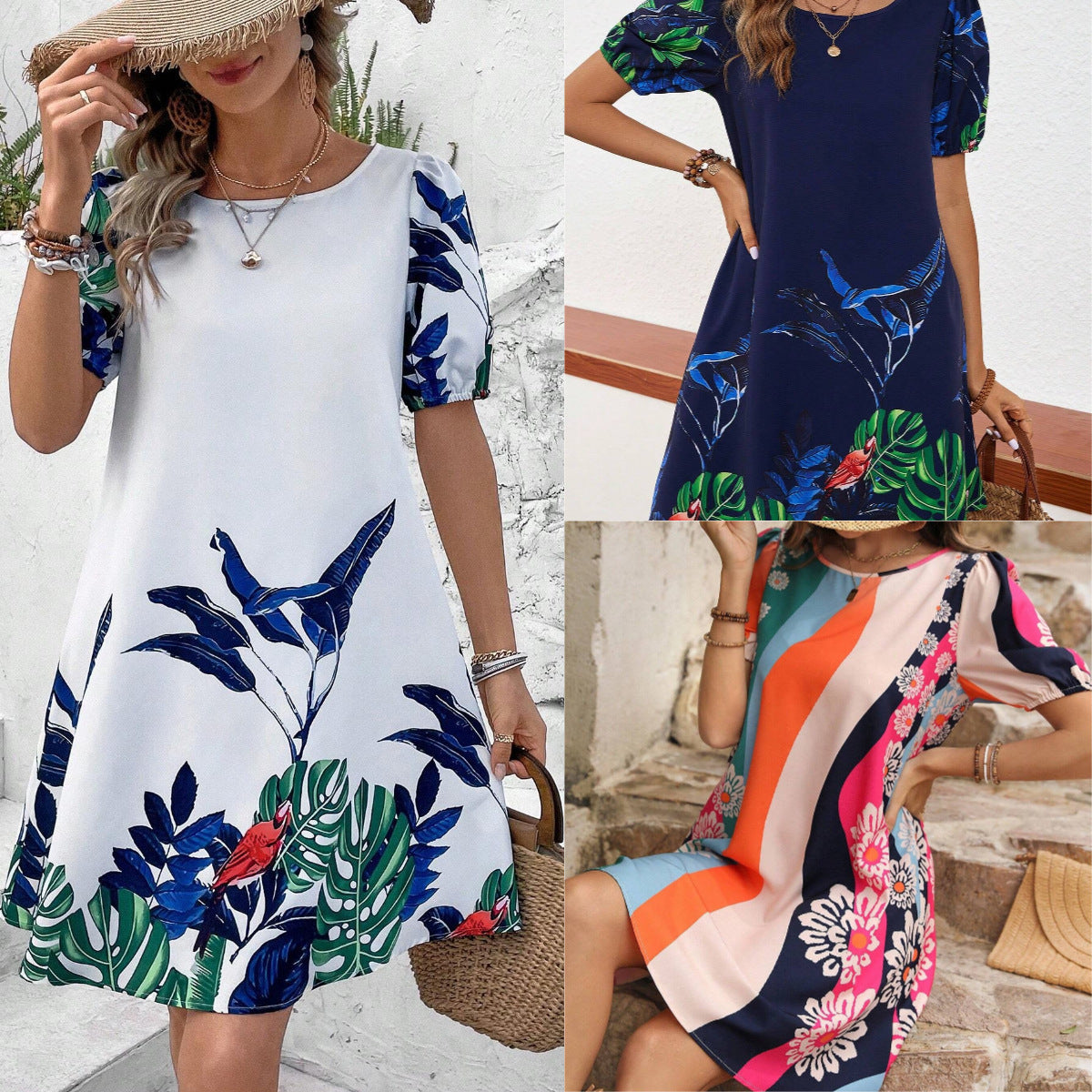 Floral Print Round Neck Loose Sleeves Shorts