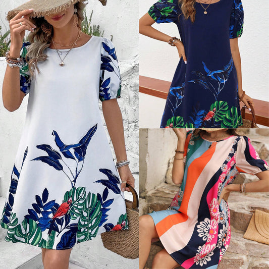 Floral Print Round Neck Loose Sleeves Shorts