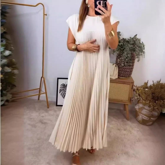 Women's Fashion Round Neck Sleeveless Pleated Dress Dresses