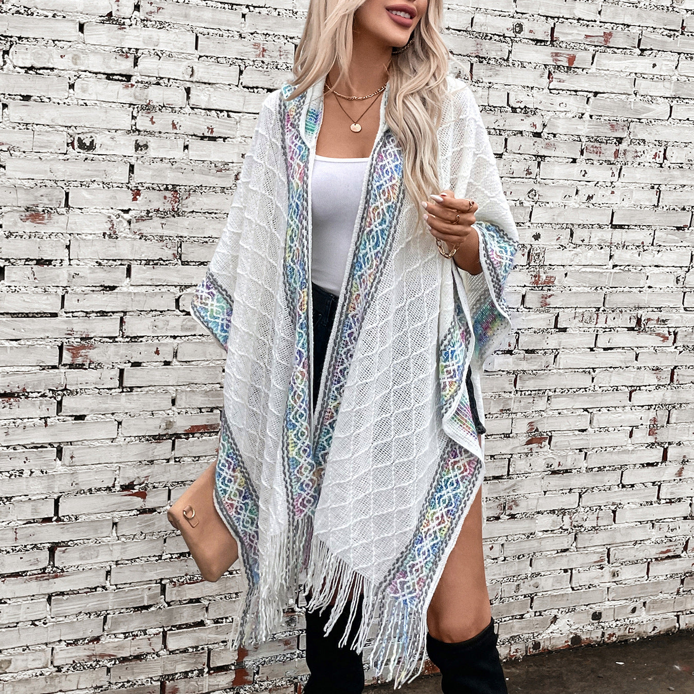 Women's Ethnic Style Knitted Hooded Tassel Cape Women's Sweater