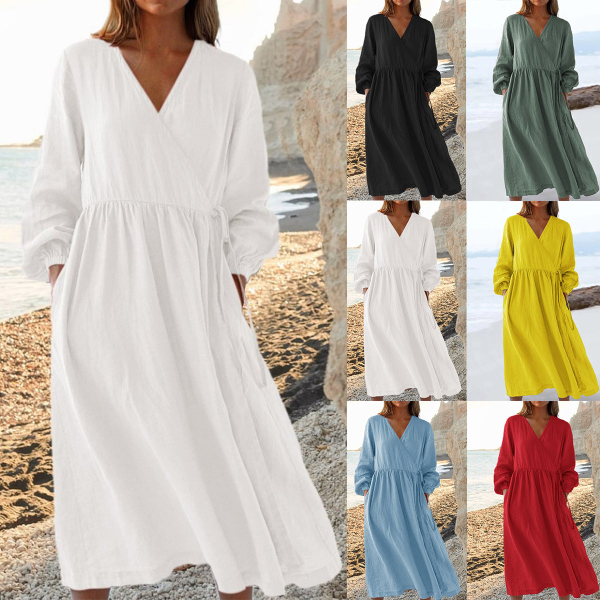Solid Color Loose High Waist Cotton Dress