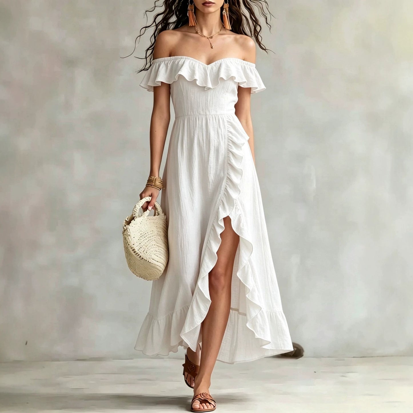 Women's Summer Collar Sleeveless Pink Ruffled Split Dress