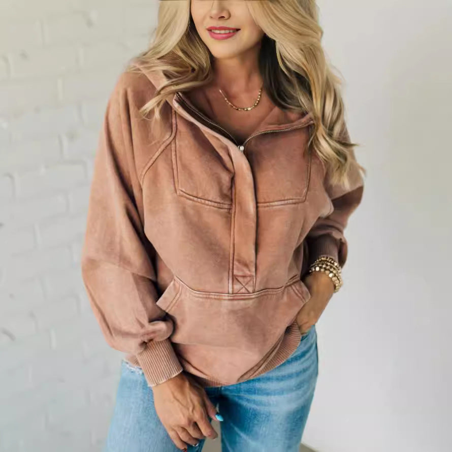 Women's Ladies Half Zipper Wash Hoodie Sweatshirt Sweaters
