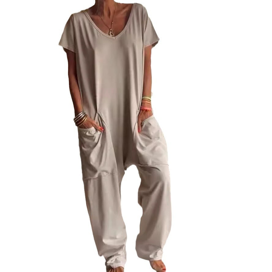 Women's Summer Solid Color Oversized Pocket Jumpsuits