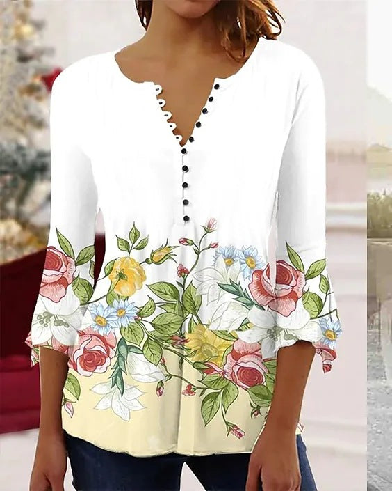 Women's Digital Printing Button T-shirt Flared Sleeves Clothing