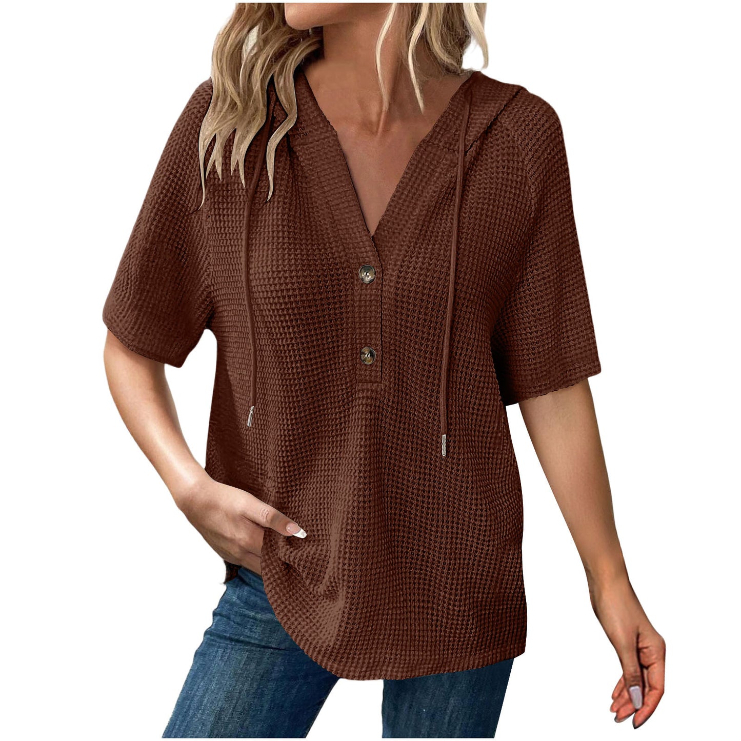 Women's Solid Color Waffle Hooded Button Loose Sleeve Shorts
