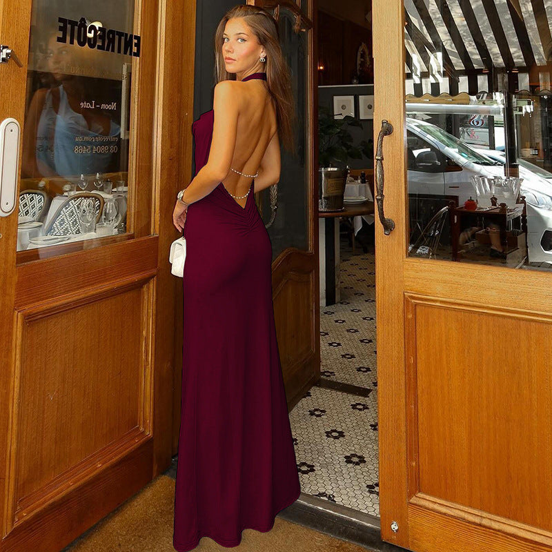 Women's Spring Solid Color Sexy Backless Long Slim Dress