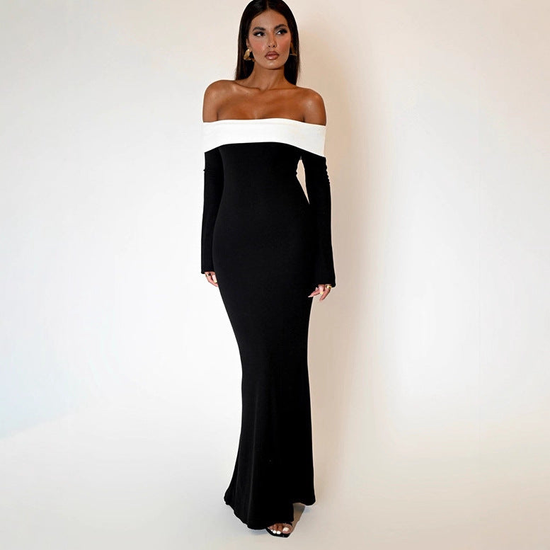 Women's Fashion Color Contrast Long Sleeve Narrow Dress
