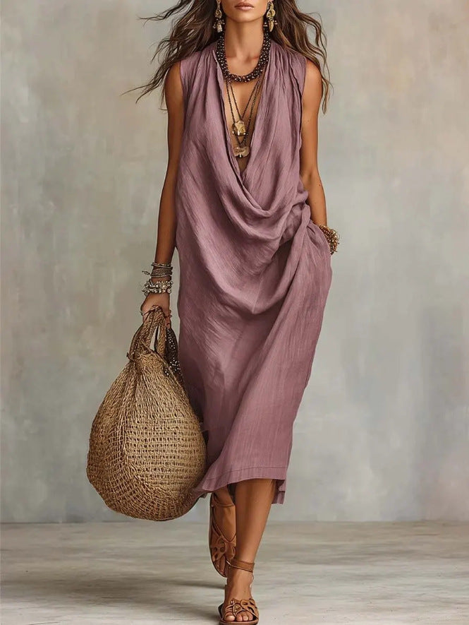 Women's Casual Sleeve Loose Swing Collar Cotton Dress