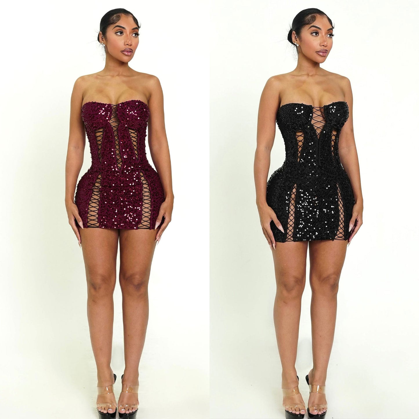 Stretch Hollow Out Strap Tube Package Hip Sequined Dress