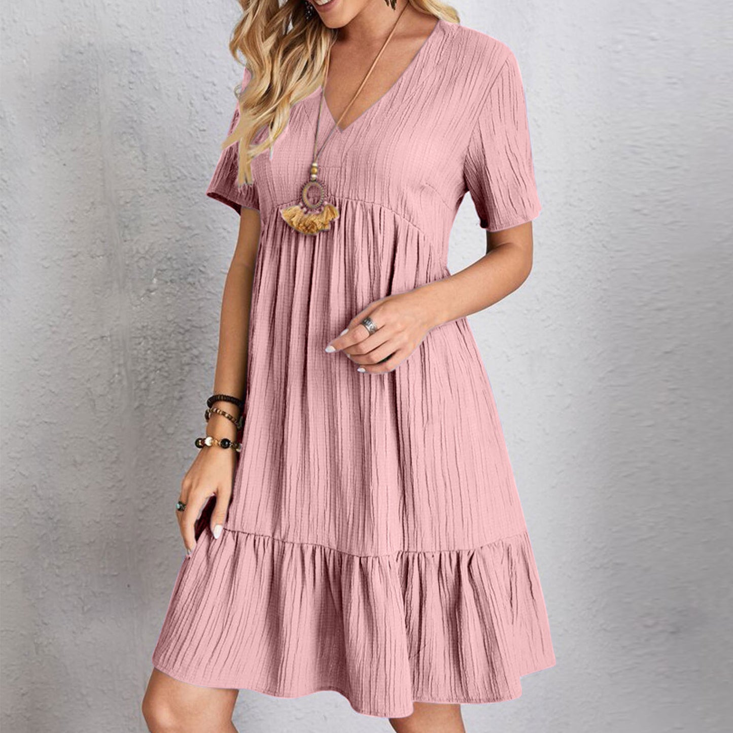 Women's Loose Solid Color Pleated Casual Lace Dress