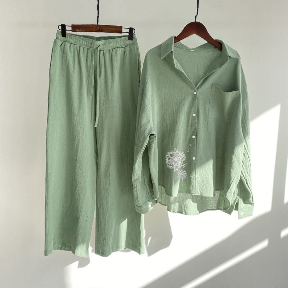 Women's Cotton Linen Shirt Wide Leg Printed Fashion Casual Suit