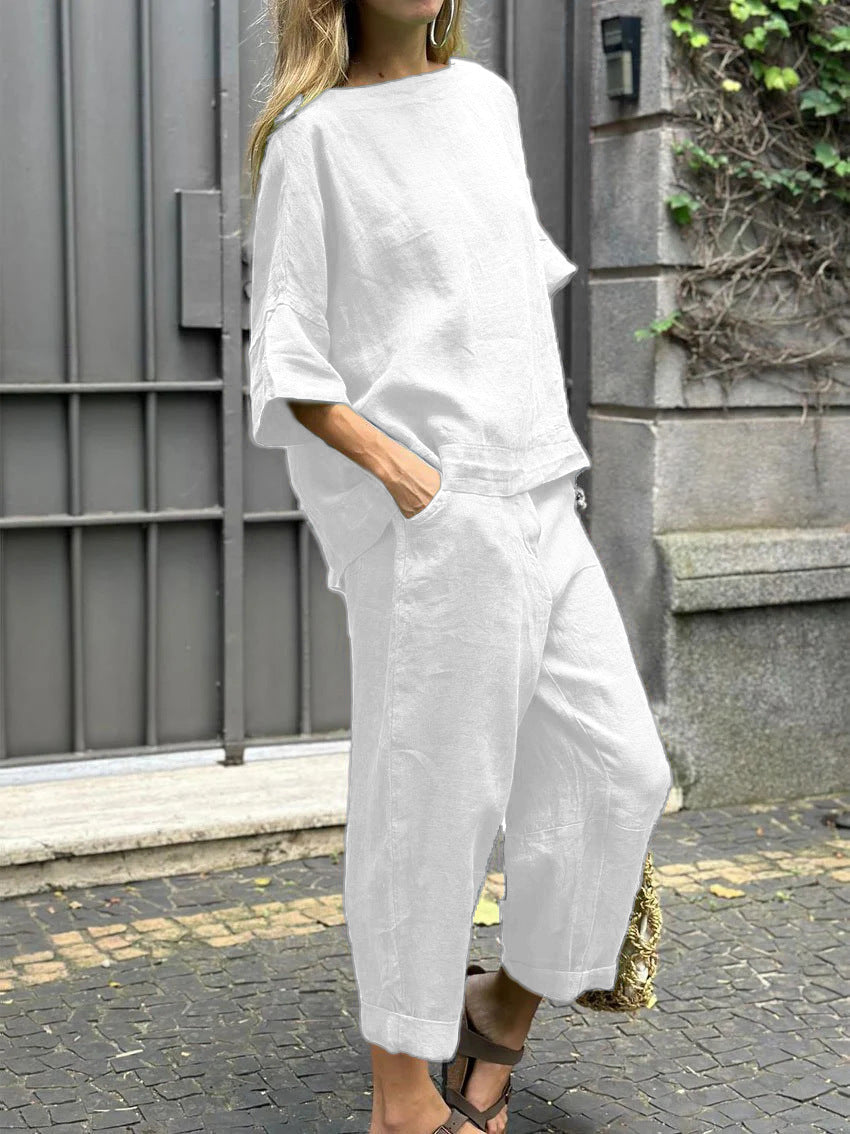 Women's Set Cotton Linen Shirt Outfit High Plus Size