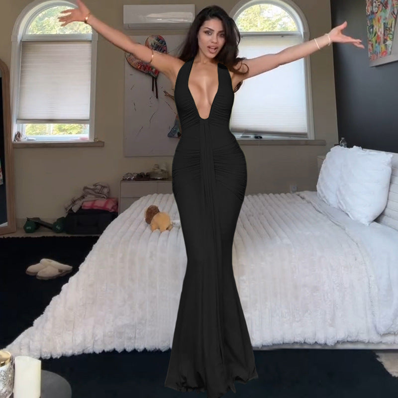 Women's Cutout Backless Slim Fit Pleated Stitching Dresses
