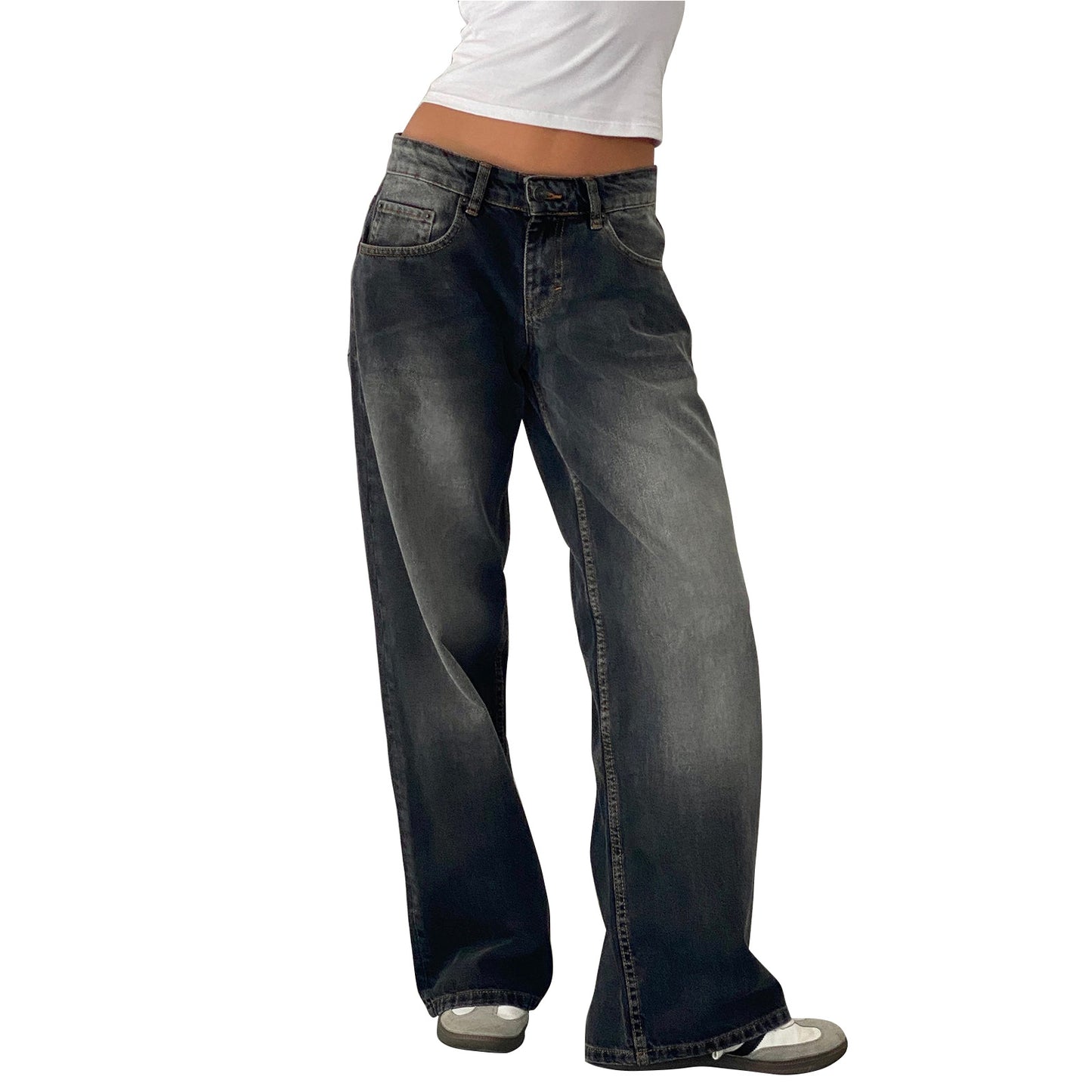 Women's Retro Low Waist Washed Straight Autumn Street Wide Leg Jeans