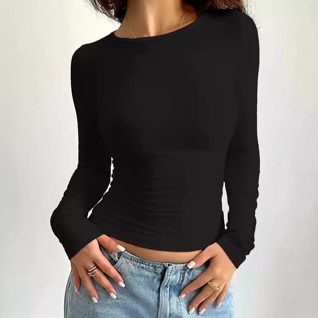 Women's Color Slim Fit Round Neck Long-sleeved Blouses