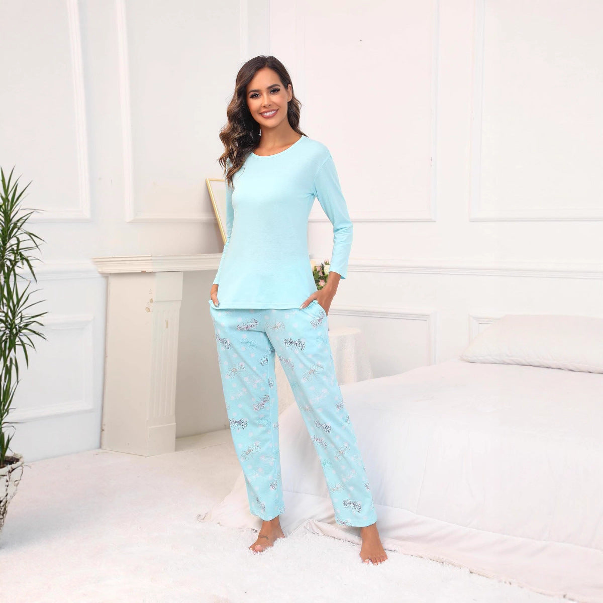 Solid Color Long-sleeved T-shirt Printed Trousers Suits