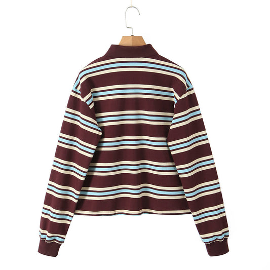 Women's Lapel Loose Casual Striped Long-sleeved T-shirt Blouses