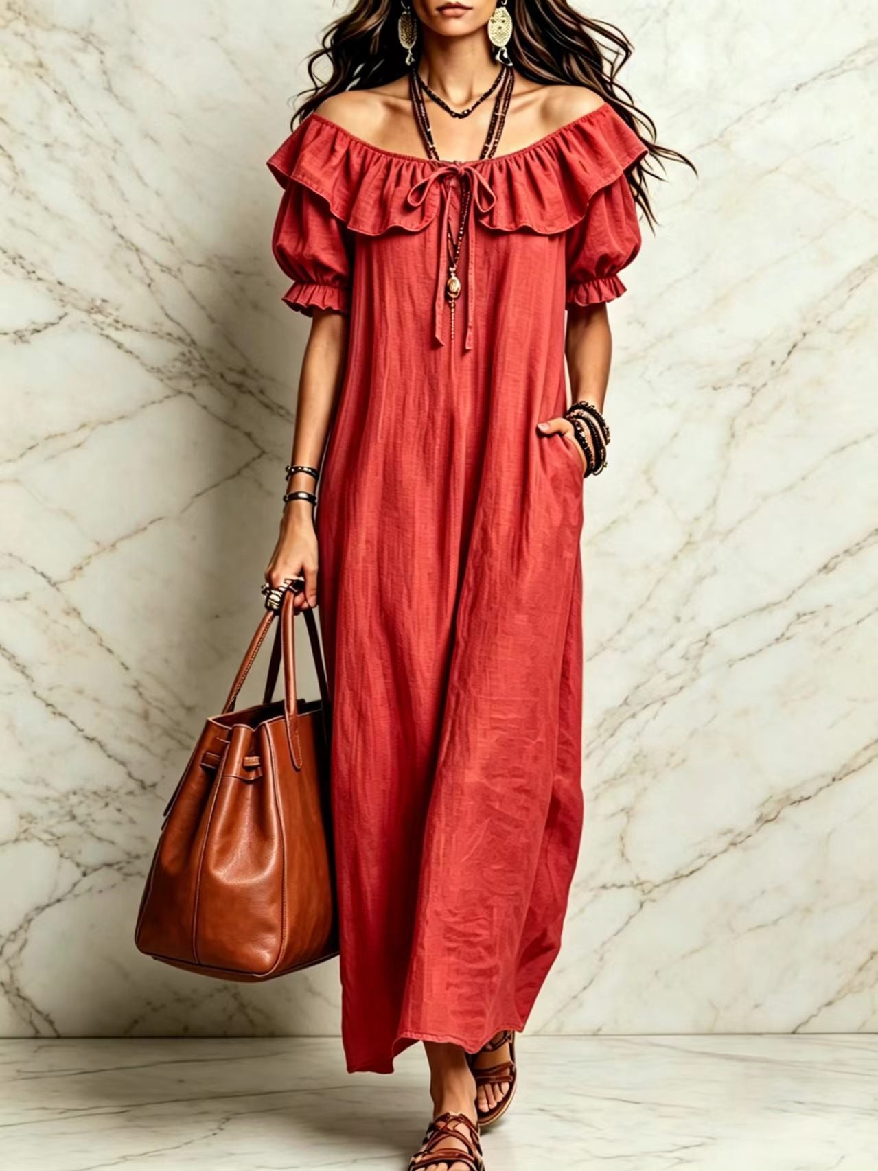 Loose Round Neck Ruffled Leisure Temperament Seaside Dress
