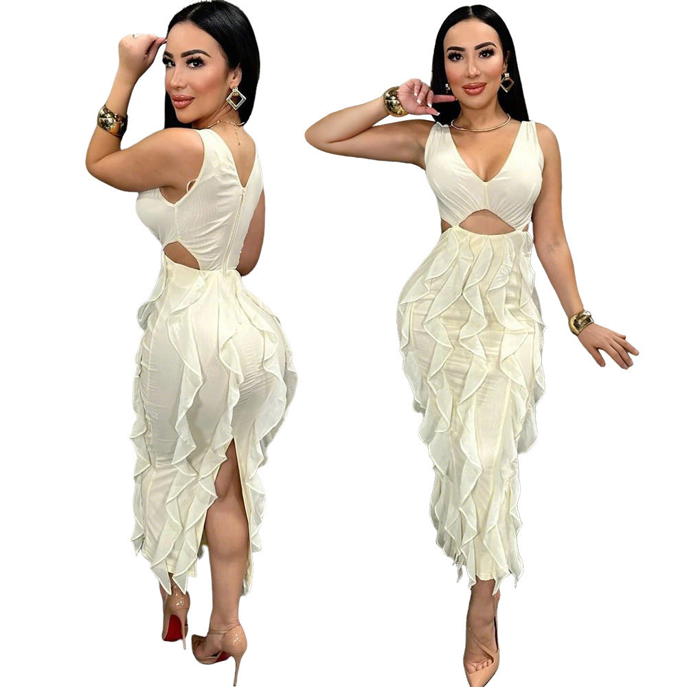 Women's Sexy Sleeveless Cut-out Ruffled Pure Color Dresses