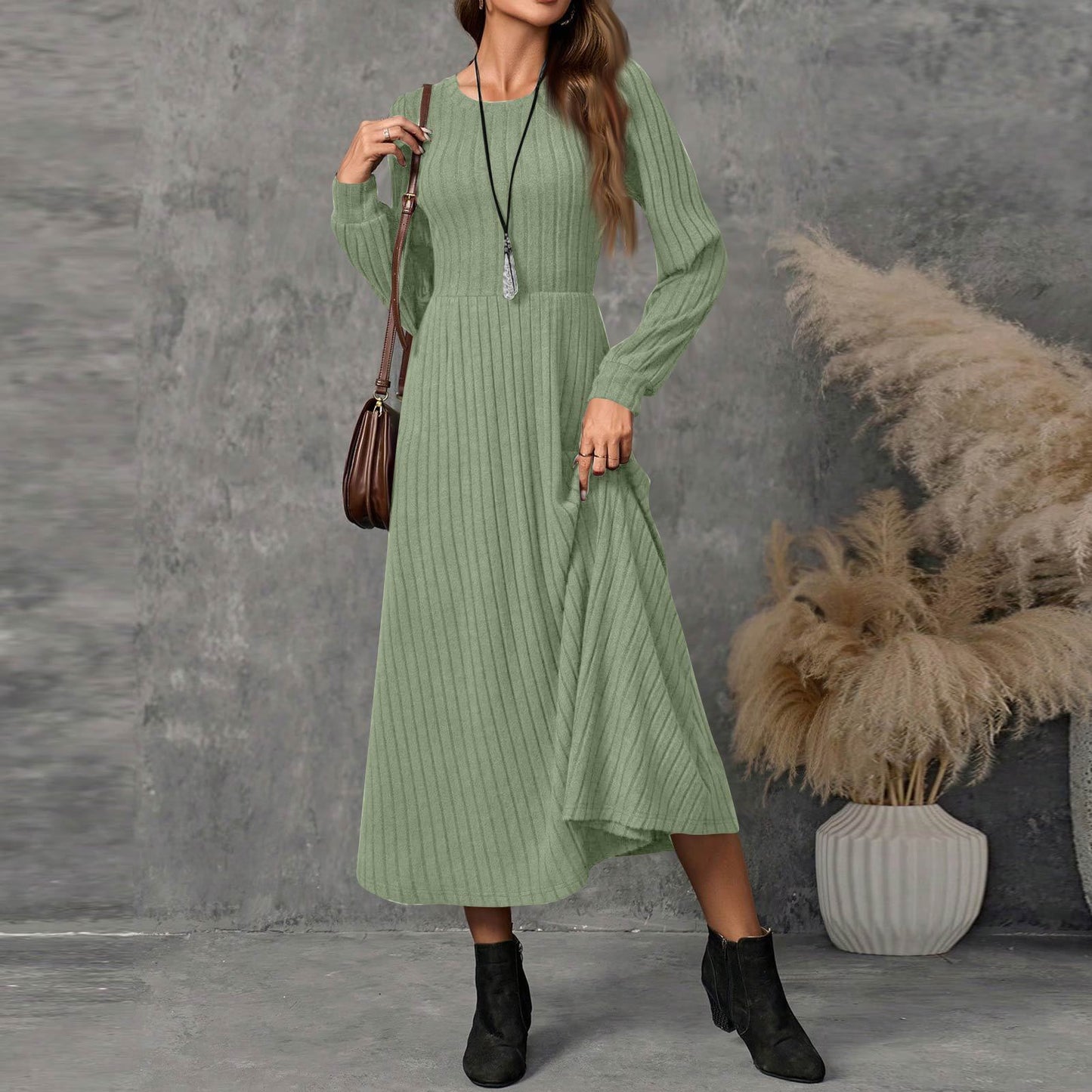 Ladies Fashion Round Neck Long Sleeve Solid Color Casual Sunken Dress