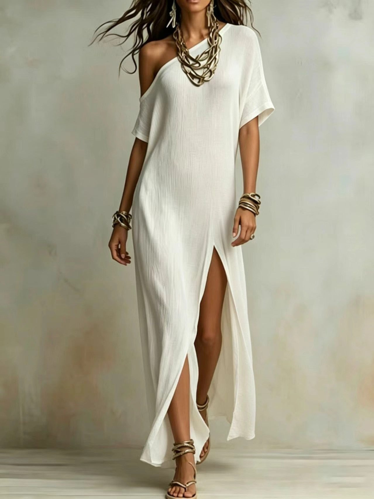Women's Summer Elegant Sleeve Cotton Linen Fold Dress