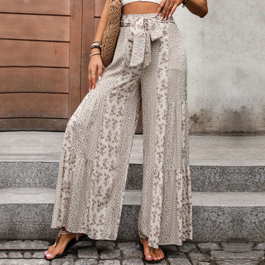 Summer High Waist Smocking Stitching National Style Pants