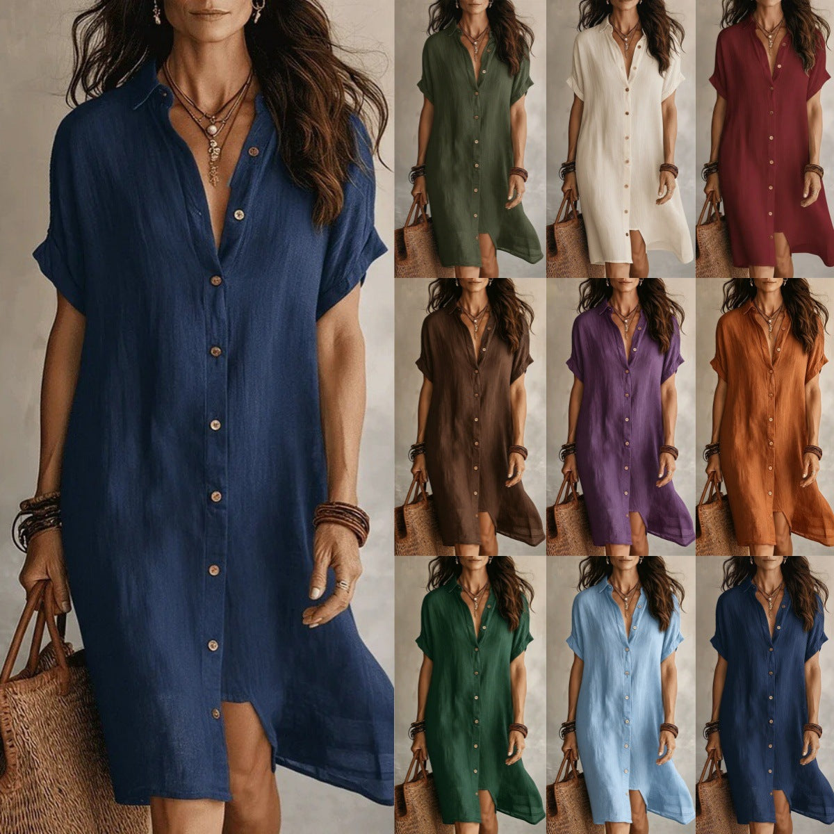 Cotton Linen Shirt Fashion Casual Short-sleeved Dress