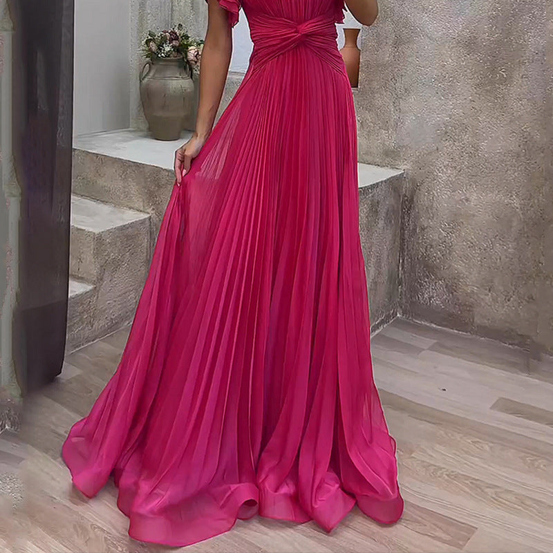Round Neck Pleated Cross Solid Color Dresses
