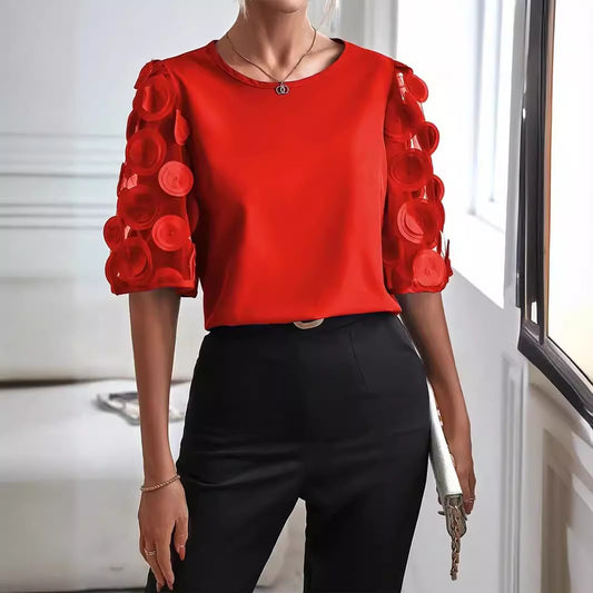Round Neck Sleeve Casual Lace Patchwork Blouses