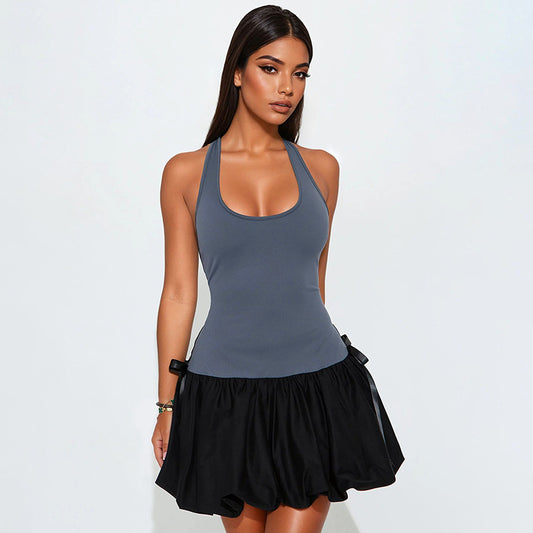 Women's Color Contrast Patchwork Sleeveless Bow Bud Dresses