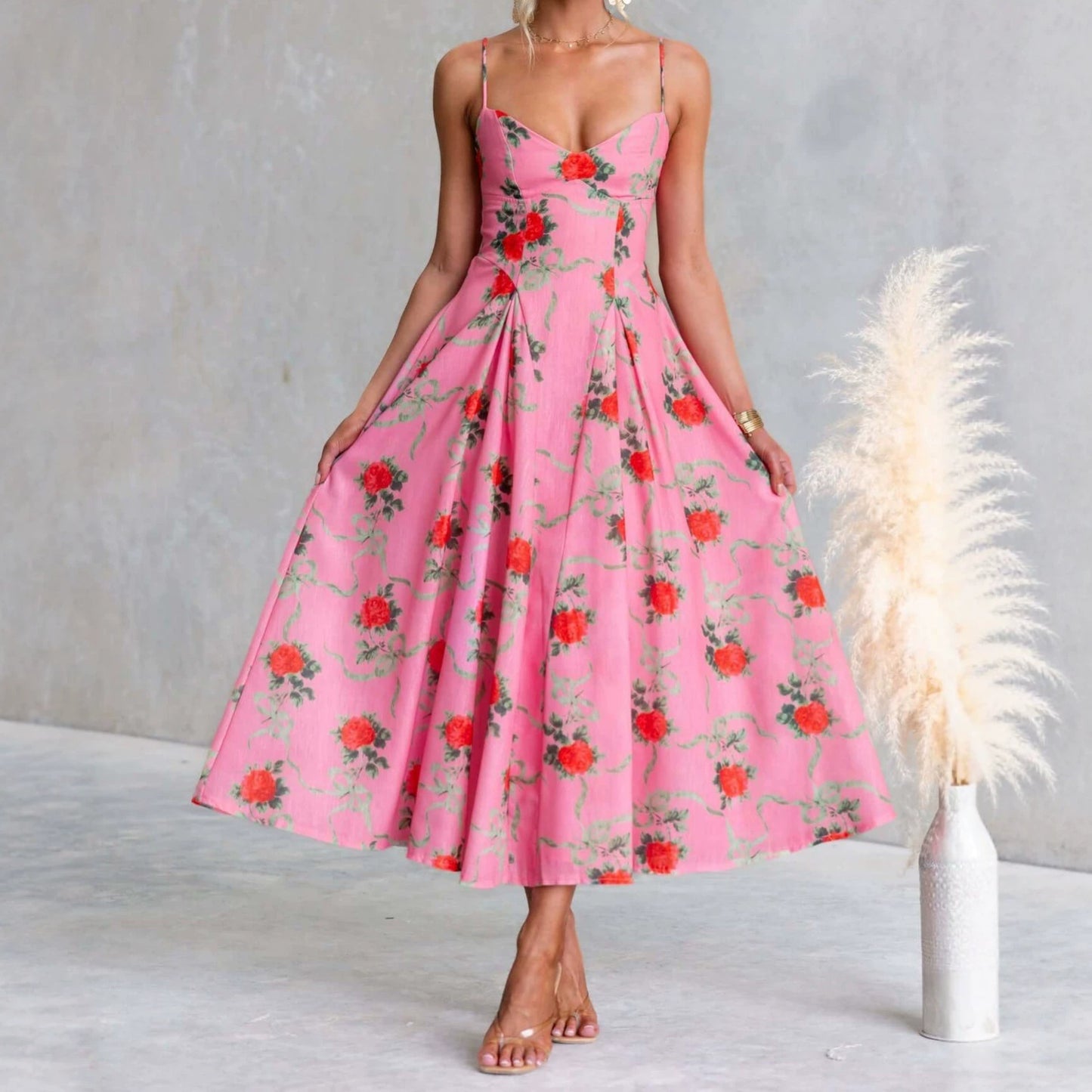 Women's Summer Flower Printed Large Swing Strap Beach Dress