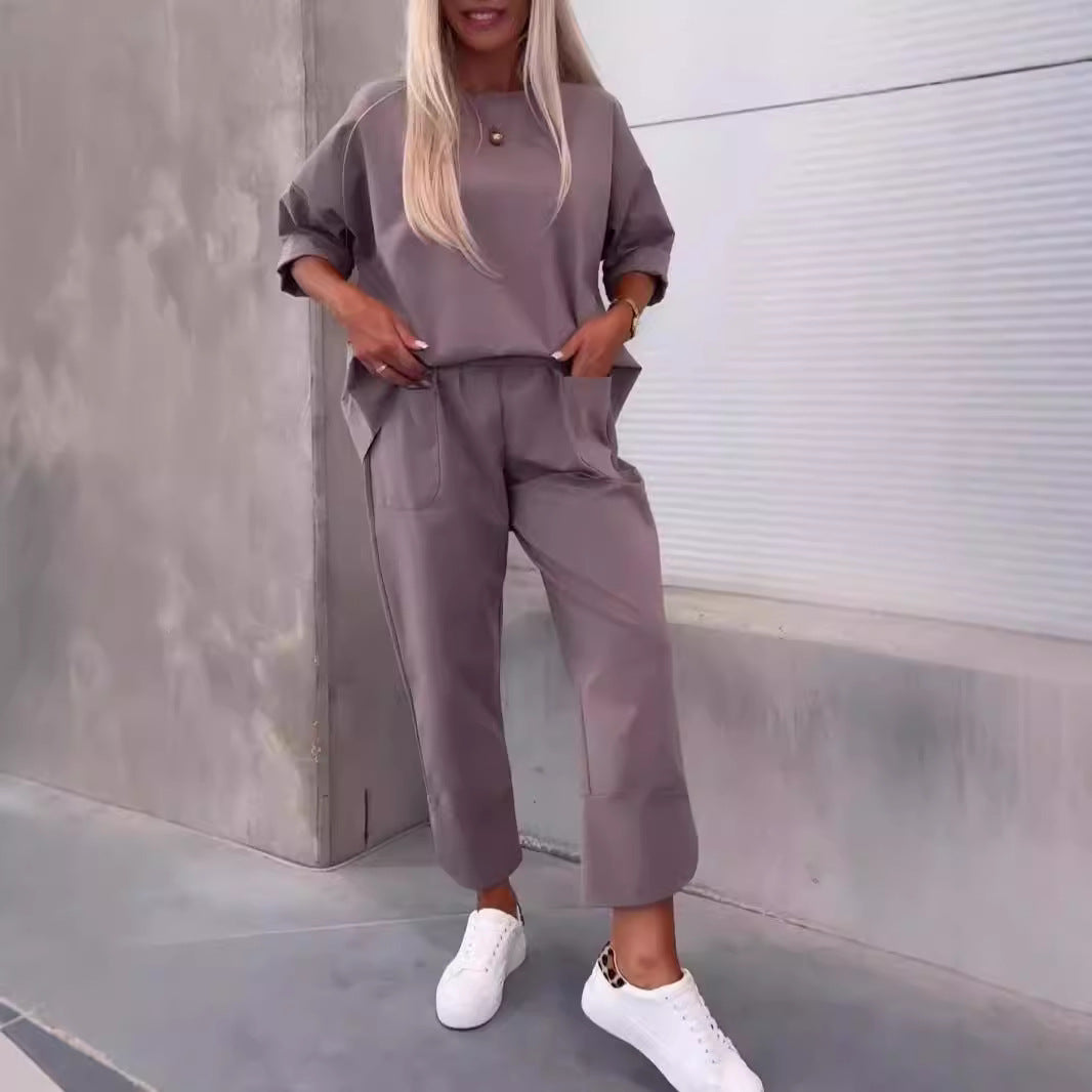 Women's Autumn Loose Two-piece Solid Color Round Neck Cropped Fashion Casual Suit