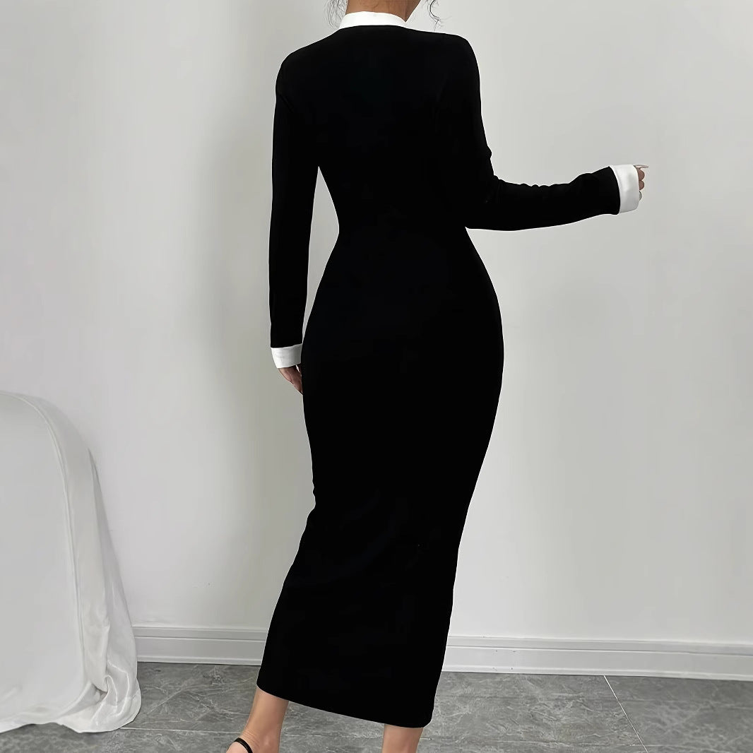 Style Pearl Buckle Slim Long Sleeve Waist Slimming Temperament Sheath Dress