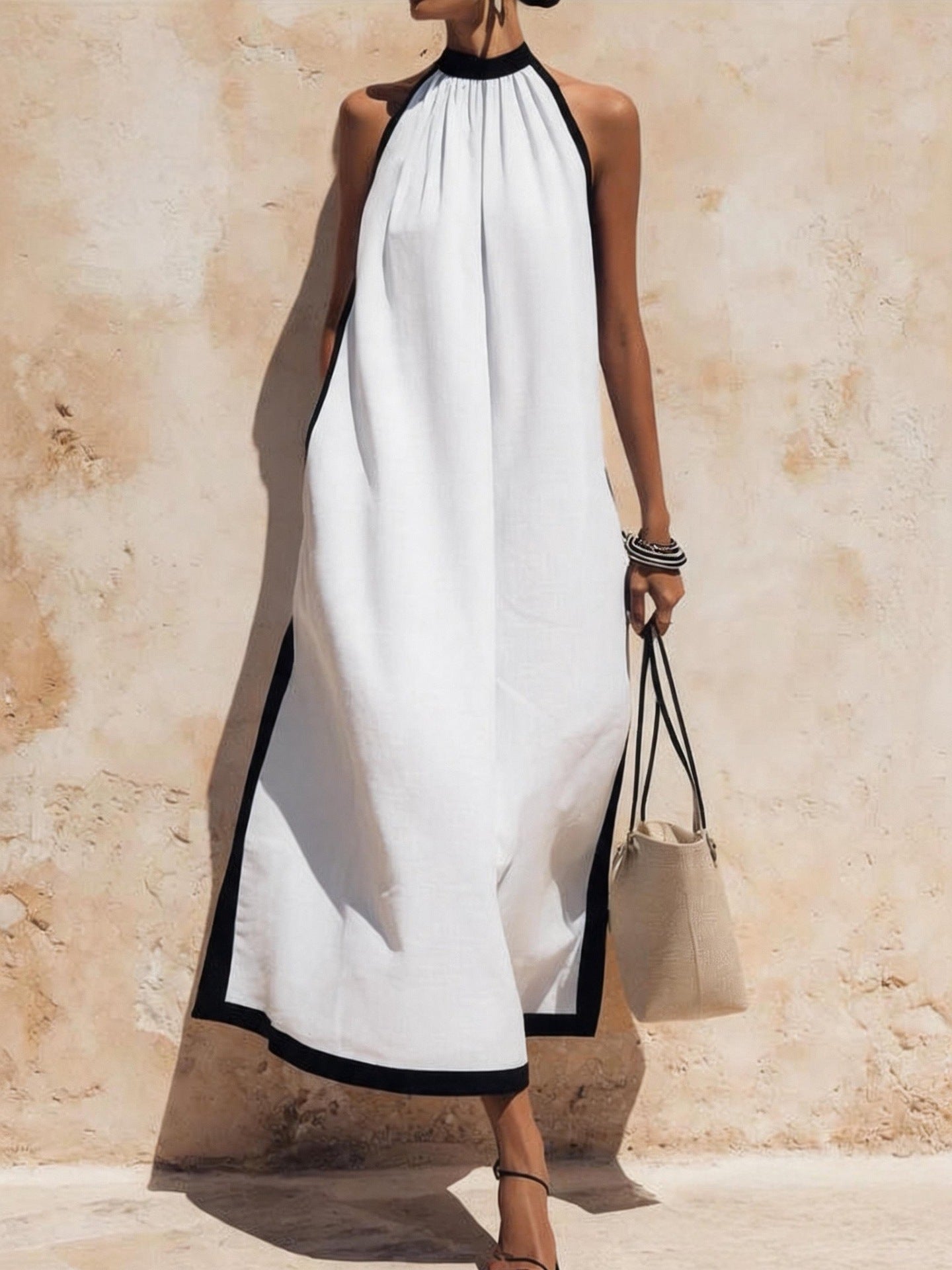 Women's Vacation Style Idle Travel Cotton Linen Contrast Dress