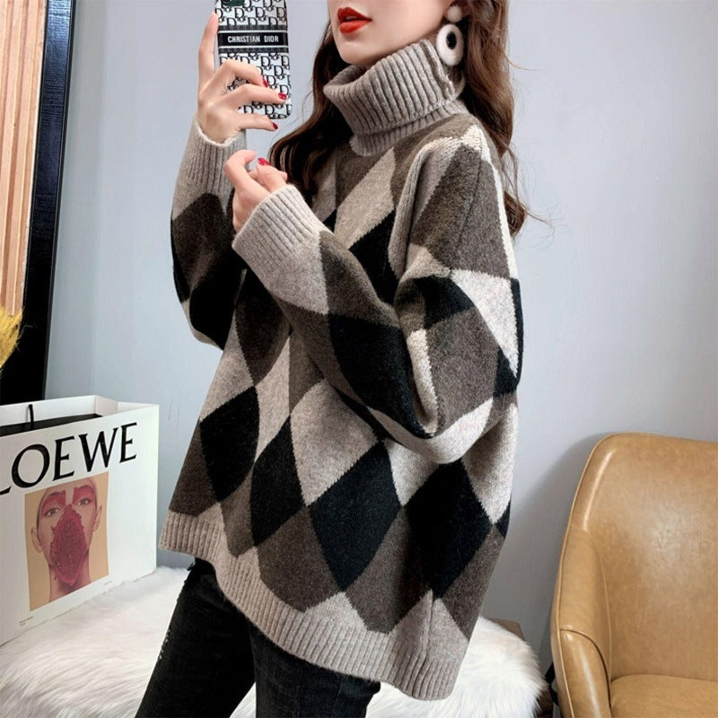 Women's Design Temperament Commute High Collar Loose Versatile Contrast Color Rhombus Sweater