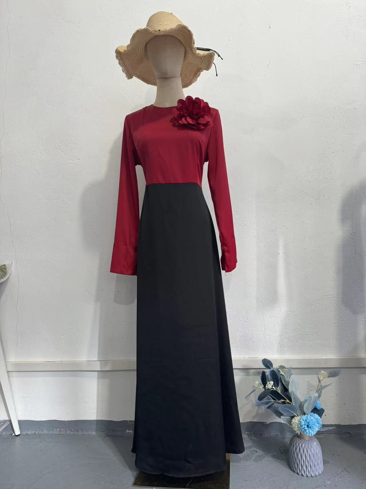 Autumn Satin Patchwork Contrast Color Flower Accessories Dresses
