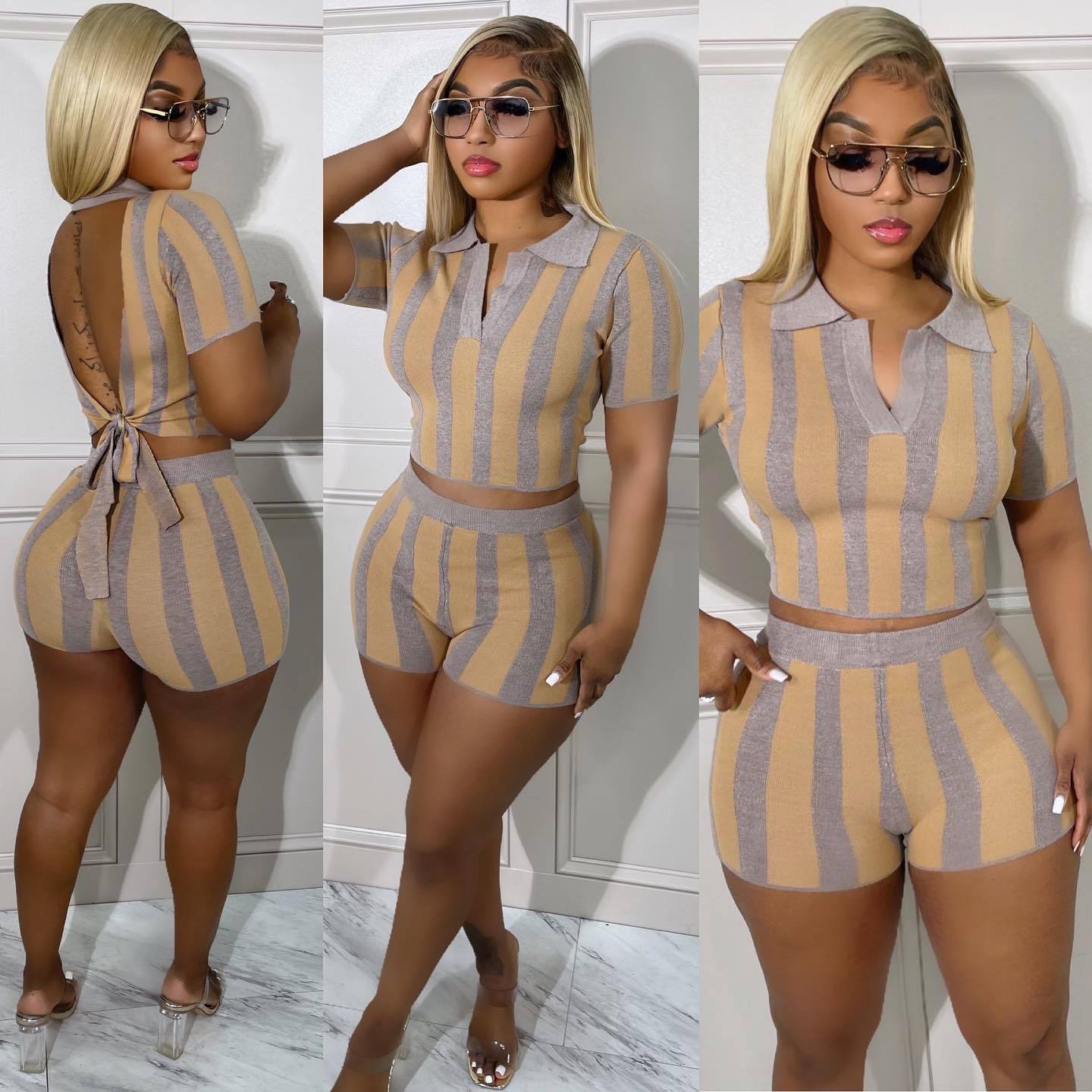 Women's Stripe Printed Sexy Backless Sleeve Two-piece Shorts