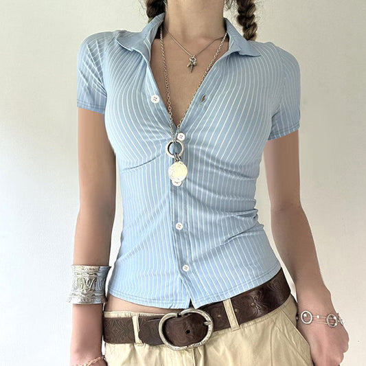 White Vertical Striped Collar Button Stitching Blouses