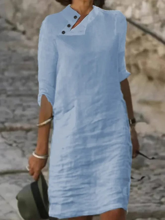 Casual Stand Collar Button Cotton Linen Solid Color Dresses